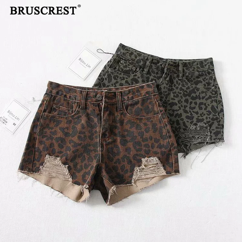 2021 summer jean shorts women summer korean distressed leopard ripped high waist denim shorts feminino high waist shorts jeans