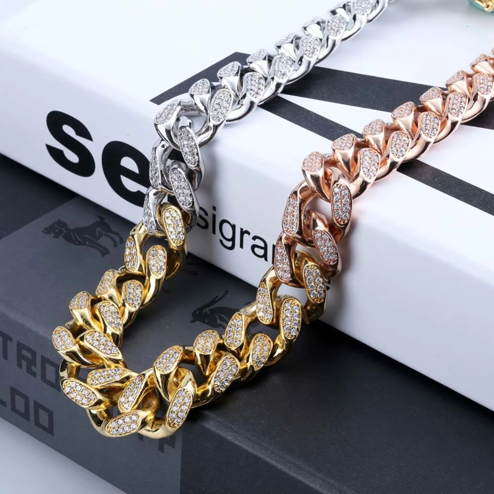 18mm Finish Men's Heavy Iced Zircon Tricolor Cuban Link Necklace Set Choker Bling Hip hop Jewelry Gold Rose Gold Silver Plated