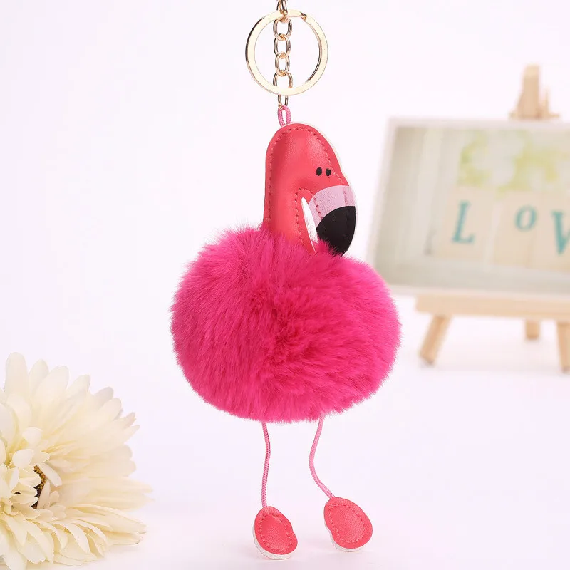 Original Pink Fluffy Pompom Flamingo Keychain Women Faux Rabbit Fur Ball Pompon Key Chain Car Bag  Pom Pom Key Rey Ring Holder