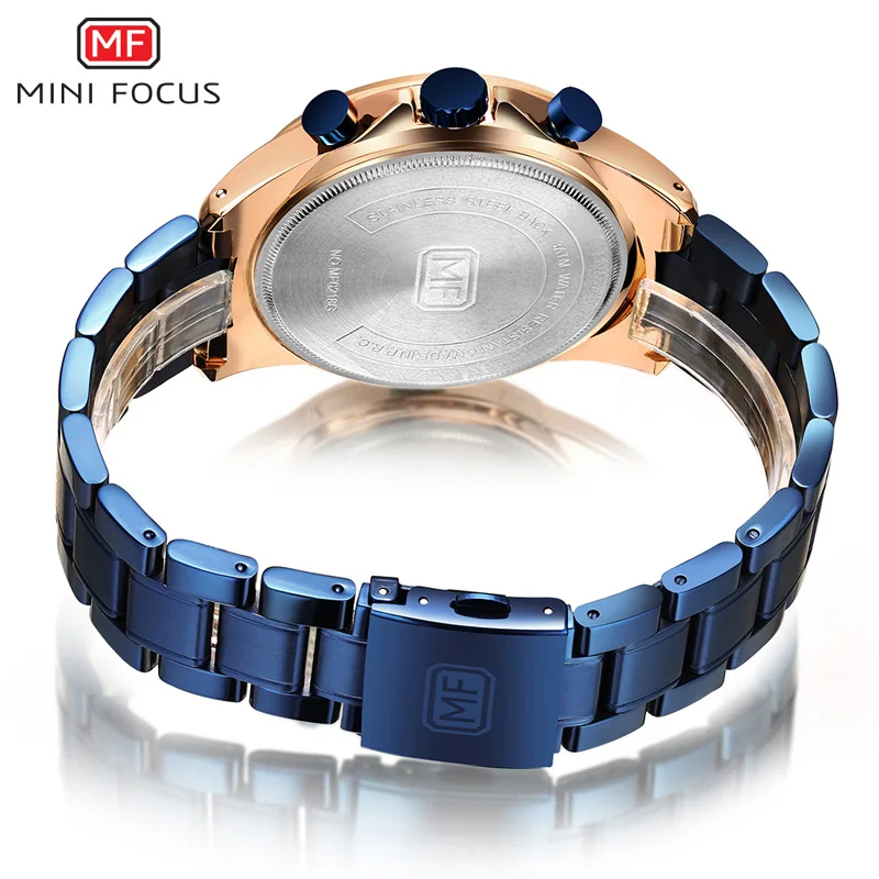 MINI FOCUS ชายสแตนเลสนาฬิกานาฬิกา Chronograph Quarts นาฬิกาสำหรับ Man Relogios Masculinos กันน้ำ 0218G. 04