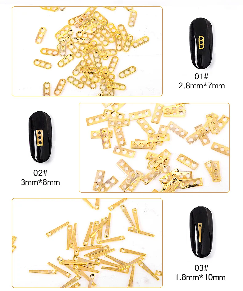 Wholesale 1000pcs Excellent Nail Art assorted alloy jewelry gold bars Japanese bullion metal rivets Nail drill long cylindrical