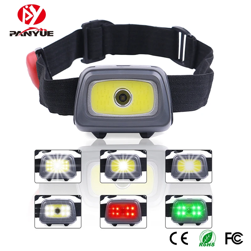 

PANYUE 10PCS XPE&COB Mini LED Headlamp 7 Lighting Modes Headlight White Red Green Light Head Flashlight Torch use 3*AAA Battery