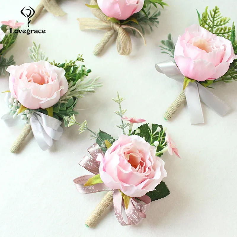 Wedding Boutonnieres White Pink Silk Roses Wrist Corsage Bracelets Bridesmaid Flowers Groom Brooch Marriage Cuff Wrist Corsages