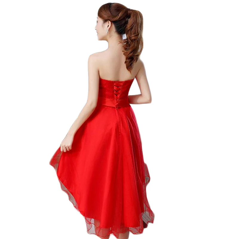 Sexy Red Vestidos De Madrina De Boda High Low Bridesmaid Dress Strapless Bow Short Lace Dresses Brautjungfernkleid Sexy CK51