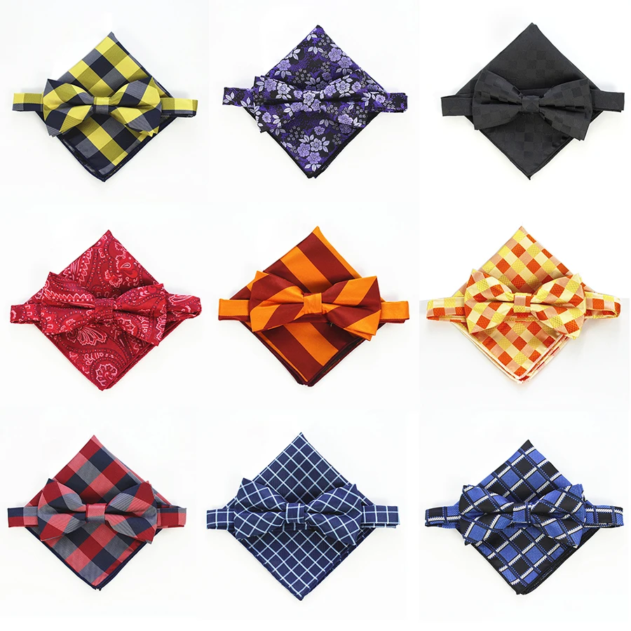 RBOCOTT Bow Ties And Handkerchief Set Mens Fashion Striped & Checked Bowtie Jacquard Pocket Square Wedding Party Accessory