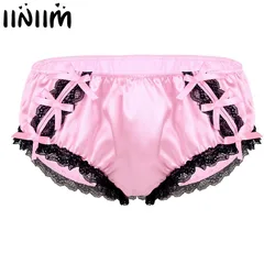 Mens Sissy Panties Shiny Ruffled Lace Satin Low Rise Stretchy Gay Male Bikini Jockstraps Briefs Lingerie Underwear Underpants