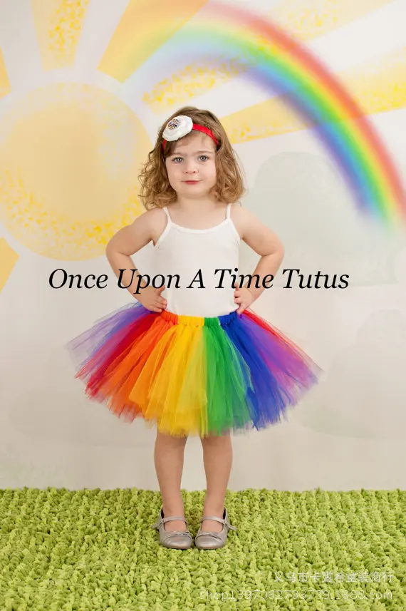 Girl\'s Rainbow Color Tutus Skirts Baby Handmade Multicolor Tulle Ballet Dance Tutus with Flower Headband Kids Party Pettiskirts