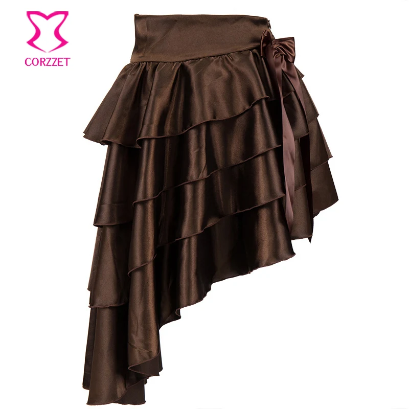 Gonne per le donne brown asymmetical multistrato raso gotico vittoriano vintage steampunk gonna corsetto partita sexy ruffle skirt