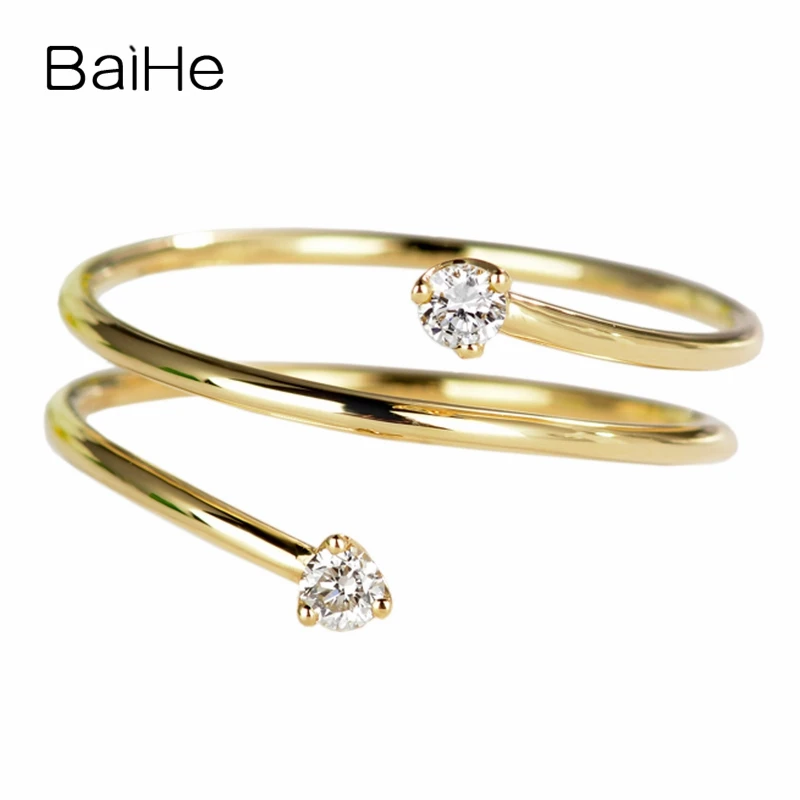 

BAIHE Solid 14K Yellow Gold H/SI Natural Diamond Two Coil Springs Ring Women Wedding Trendy Fine Jewelry Making Anel diamante