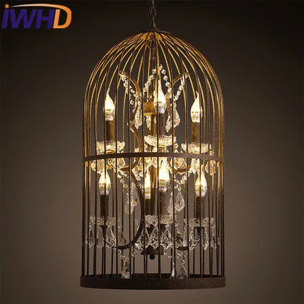 

IWHD 8 Heads Iron Cage Vintage Industrial Pendant Light led Loft Style candle Bulb Retro Crystal Pendant Lights Home Lighting