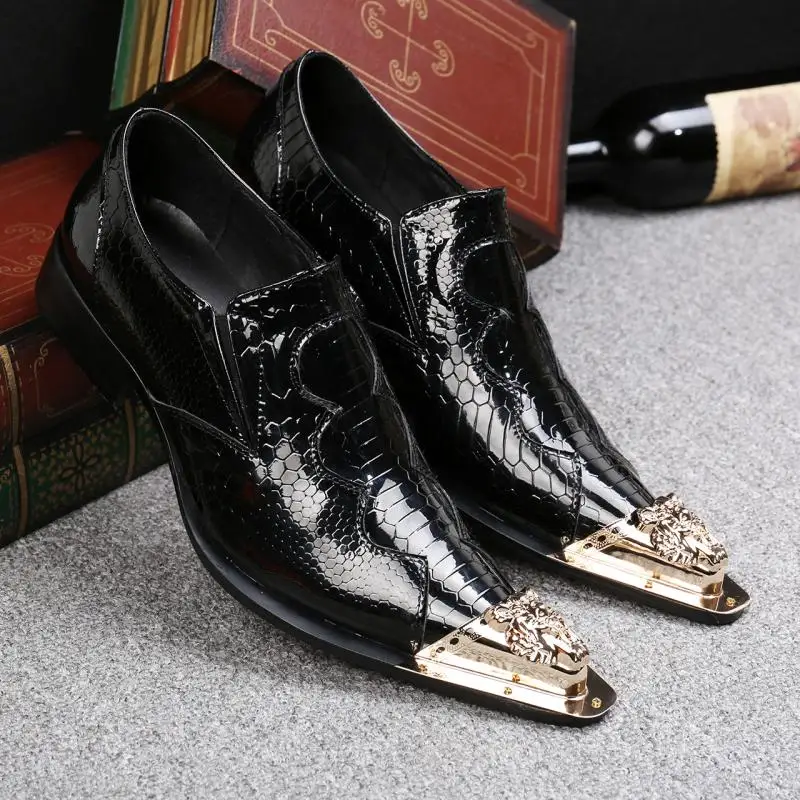 classic mens patent leather black shoes spiked loafers gold pointy toe dress shoes slipon italian shoes men oxford