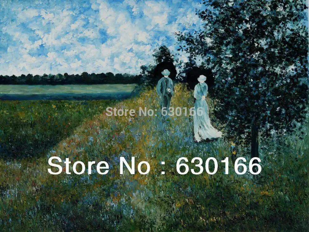 

Handmade Canvas Oil Paintings by Claude Monet - Walking Near Argenteuil Landscapes Wall Painting Horizontal