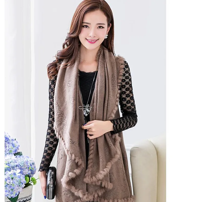 New Fashion Spring  Rabbit Fur Collar Cashmere Cardigan Shawl Women Khaki Knitted Fur & Faux Fur Poncho Coat Outerwear