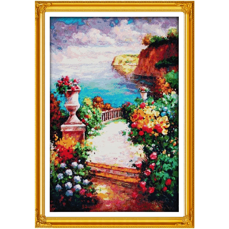 The Beach Path and Flowers Patterns Counted Cross Stitch Set 11CT 14CT 16CT Stamped DMC Cross-stitch Kit Embroidery Needlework