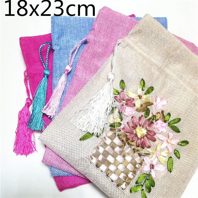 30pcs Hand Ribbon Embroidery Large Burlap Gift Bag Burlap Christmas Candy Pouch Drawstring Bunk Fabric Wedding Party Favor Bags