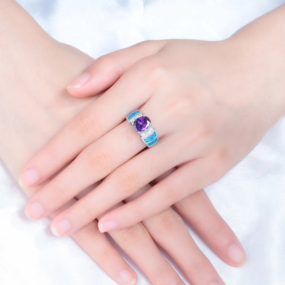 CiNily Vintage Blue Fire Opal Silver Plated Filled Rings Purple CZ Gem Clear Crystal Stone Lavish Large Party Jewelry Women Men