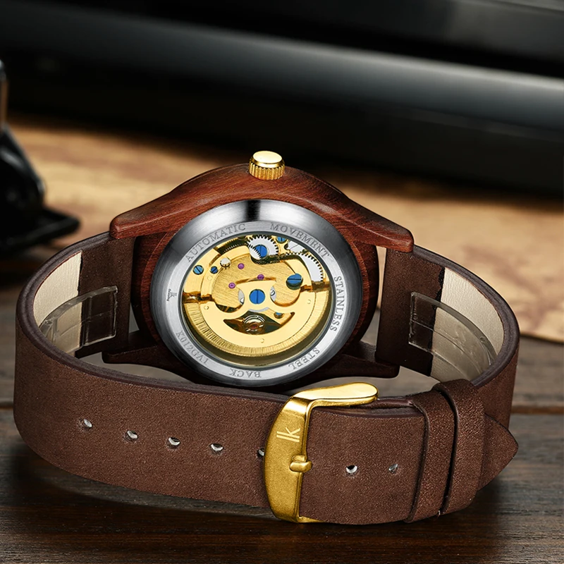 IK Colouring Men\'s Wood Watch Luxury Golden Skeleton Mechanical Wooden Case Leather Strap Automatic Male Wristwatch Dropshipping