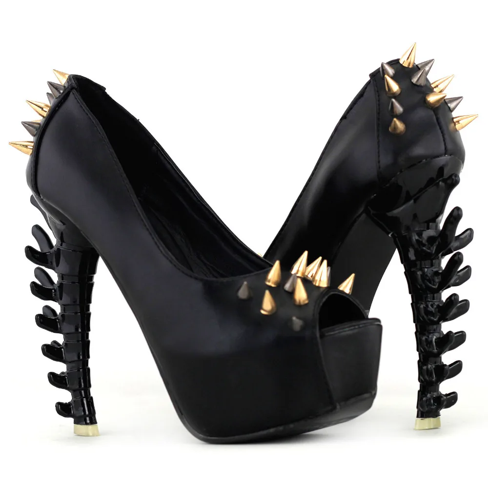 LF80627 Punk Black/Gold Spike Peeptoe Platform Bone Heels Club Pumps