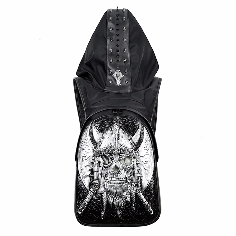 

New Fashion Personality 3D Skull Leather Backpack Rivets Skull Backpack With Hood Cap Apparel Bag Cross Bags Hiphop Man 737