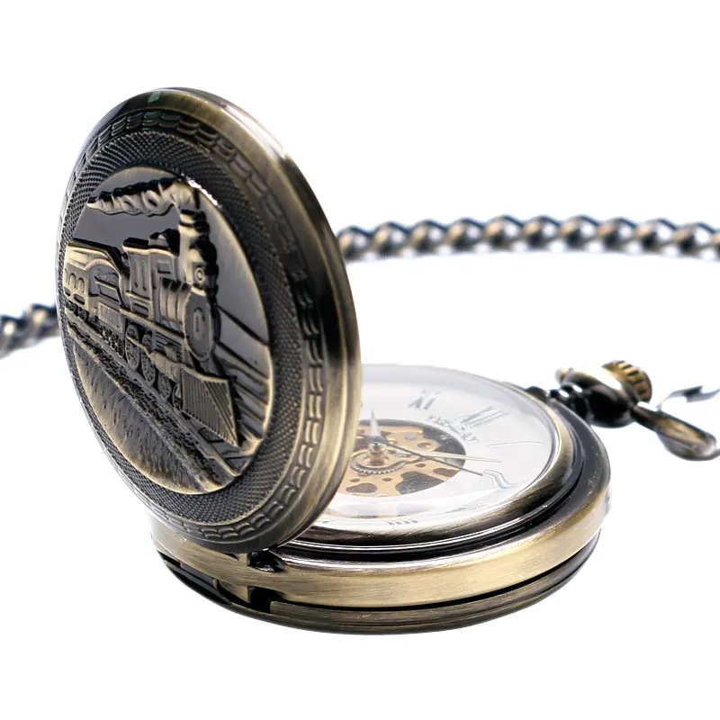 Vintage Pocket Watch Double Hunter FOB Steampunk Running Steam Train Women Pendant Mechanical Hand Wind Classic Men Chain P1034C