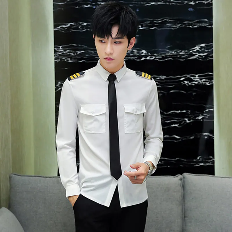 White Pilot Uniform for Men Slim Single Breasted Long Sleeve Air Force Pilot Shirt 2024 Autumn Casual Office Work Cosplay  Tops