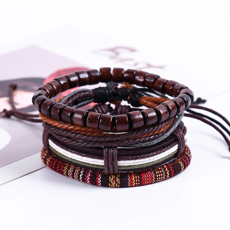 4pcs/set hippie punk boho dark brown leather wood beads wax cord knots wrap wide Bracelets Bangles for man hand jewelry