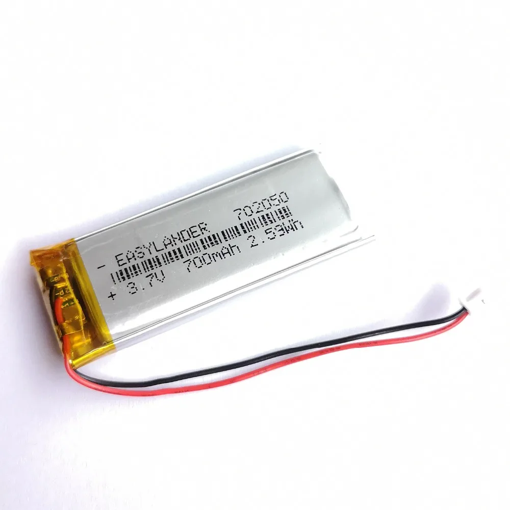 10Pcs/Lot  JST 1.25mm 2 pin 3.7V 700mAh 702050 Lithium Polymer LiPo Rechargeable Battery For Mp3 DVR PAD DVD bluetooth camera