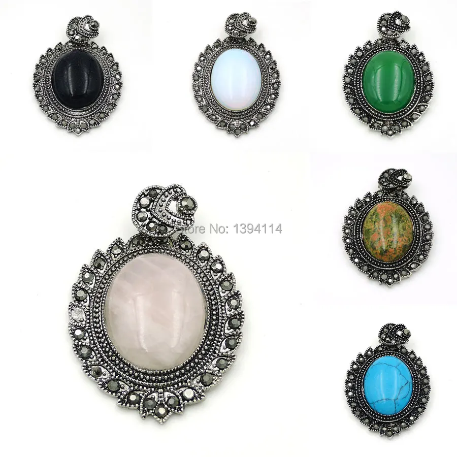 

Mixed Stones&CZ Rose Quartz Agate Opal Oval Pendant With Gluing Brass Setting Black Gun Plated 55*40mm