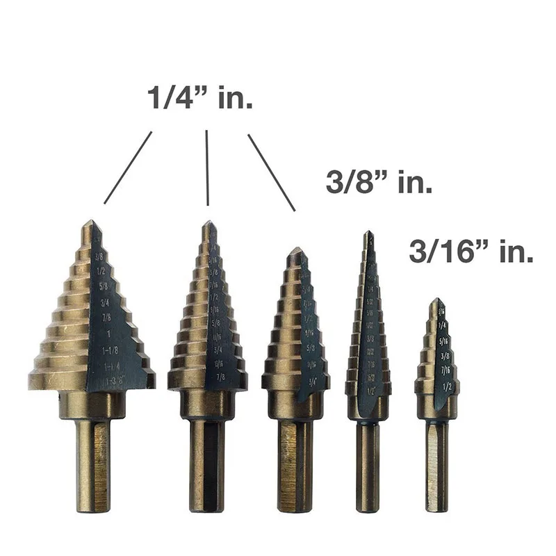 Hakkin 5pcs HSS Cobalt Multiple Hole 50 Sizes Step Drill Bit With Case Sae Metal Wood Hole Cutter Step Cone Drill Bit Set