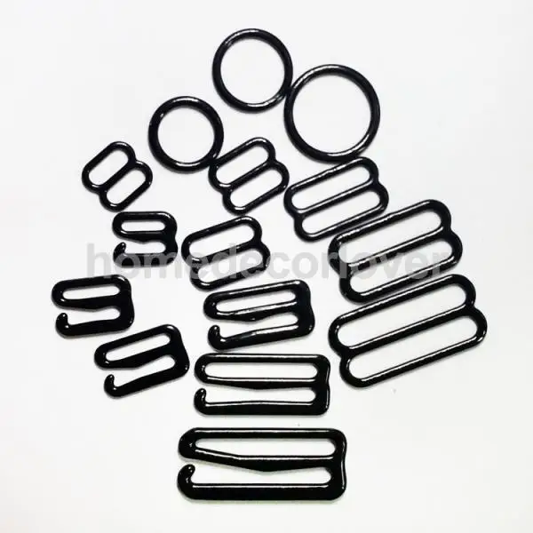 100/lot 8mm/10mm/15mm/20mm/25mm Black Bra Adjuster Metal Slider Hook Ring for Bikini Lingerie