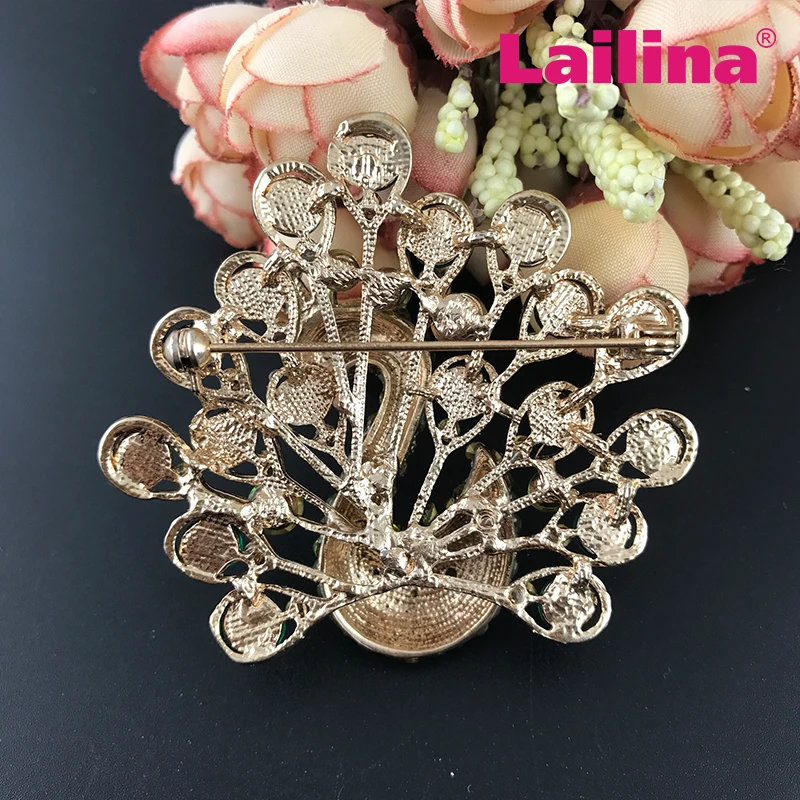 Rhinestone green peacock pin animal broaches