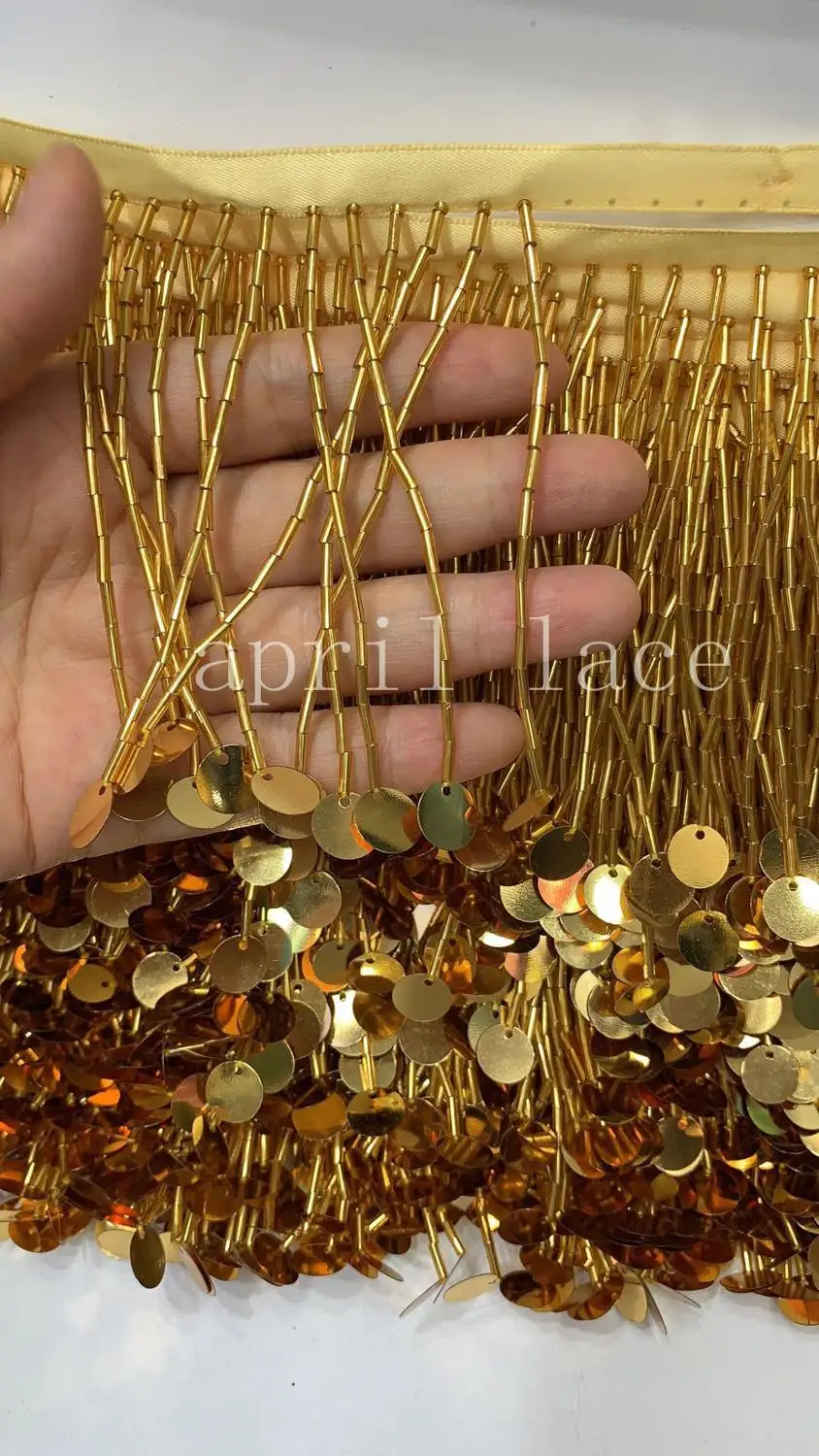 cou003# 10  yards/bag 8-9 cm width golden pendents beads ribbon fringe tassel for garment/decorative/wedding bridal gown dress