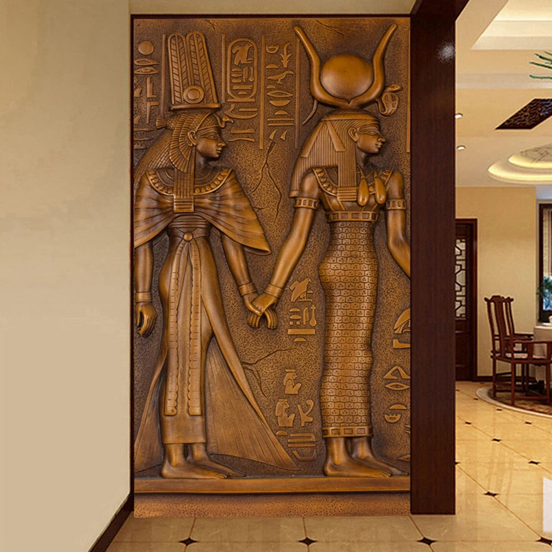 

European Style Vintage Egyptian King Queen Sculpture 3D Embossed Photo Mural Wallpaper Living Room Bedroom Entrance Papel Tapiz