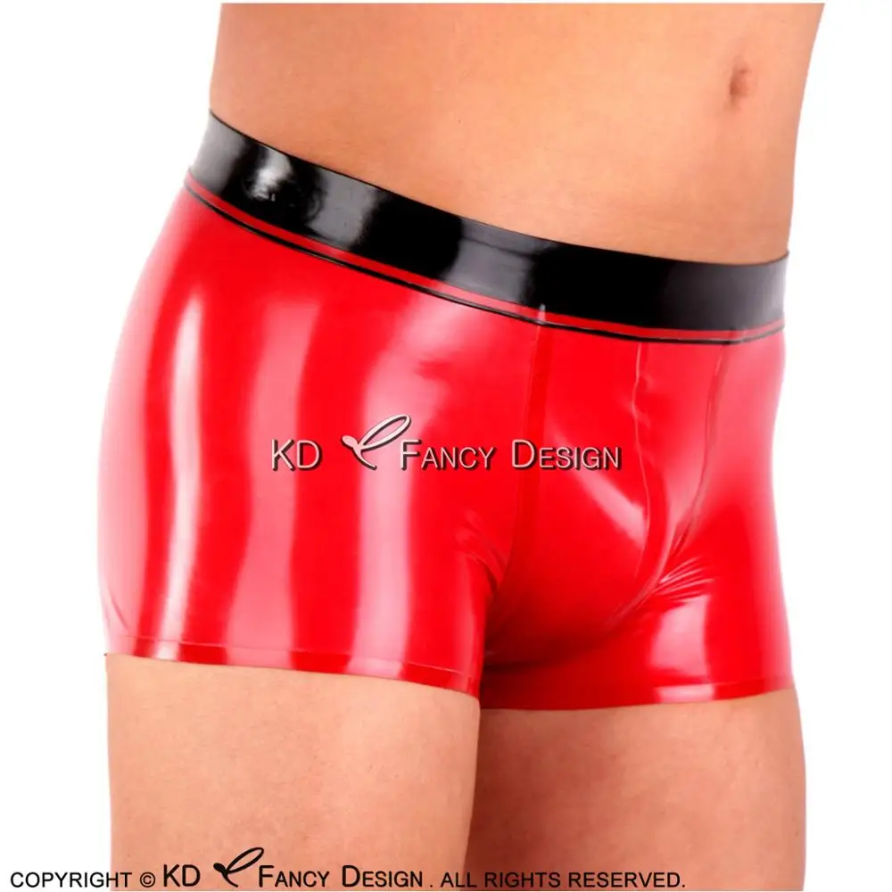 

Red And Black Sexy Latex Boxer Shorts With Coarse Thin Stripes Underwear Rubber BoyShorts Bottoms DK-0156