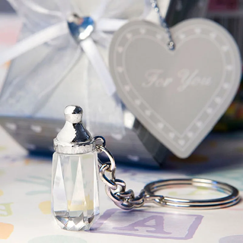 12pcs/lot Baby Baptism Souvenirs Crystal Collection Baby Bottle Keychain Wedding Return Gifts