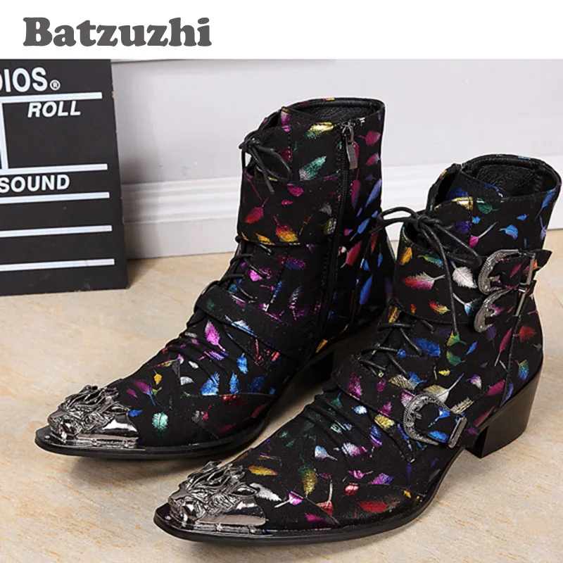 Batzuzhi Western Rock Fashion Men Boots Mid-Calf Motocycle Boots Men Stylist Pointed Iron Toe Black Suede Leather Boots Men, 46