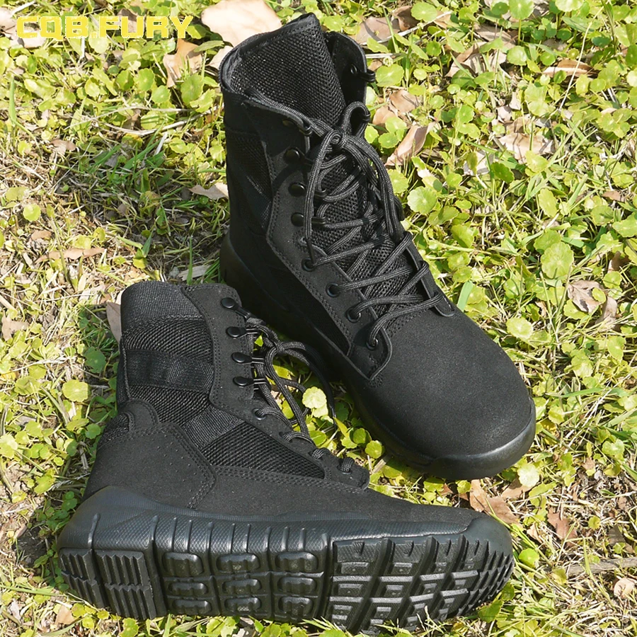 CQB.FURY Summer Super Light Breathable Mens Black Suede Leather Boots Wearable Mesh Boots