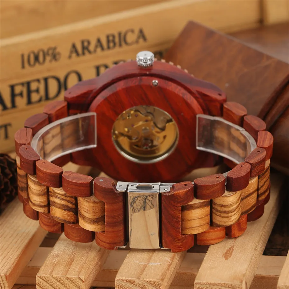 Luxury Wood Watch Mechanical Self-Wind Men\'s Watches High Quality Wooden Bangle Watchband Roman Numerals Display Automatic Clock