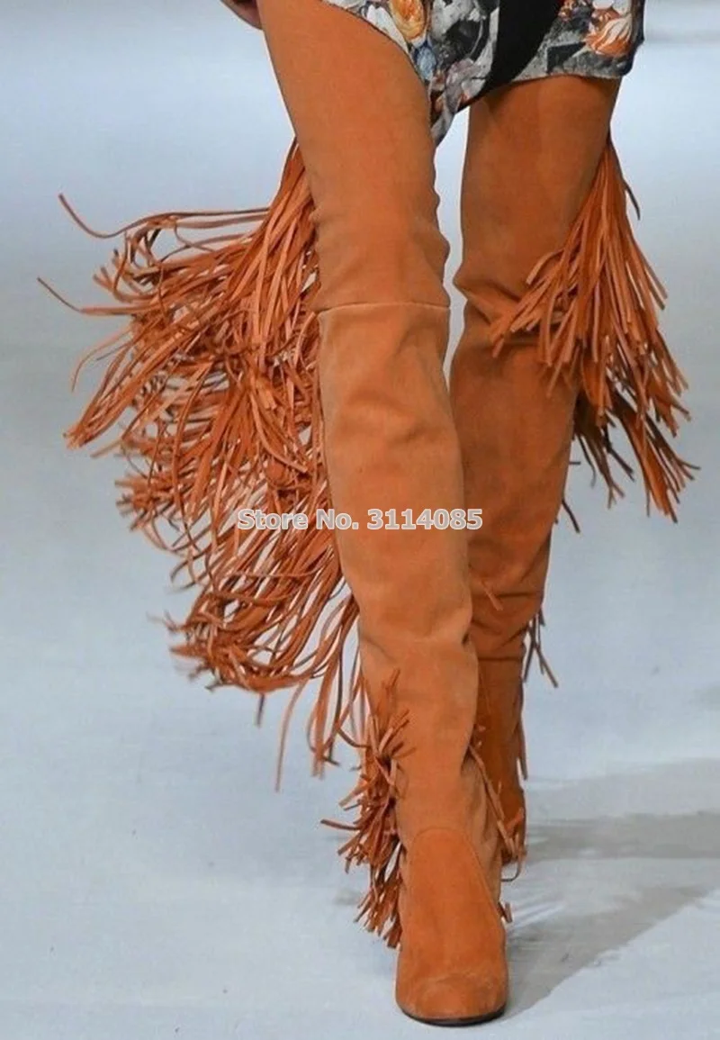 

Women Luxurious Brown Suede Chunky Heel Over-the-knee Fringe Boots Sexy Tassel Thigh High Tall Boots Long Boots Dress Shoes