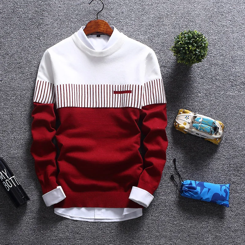 Sweater Men  New Brand Fashion Pullover Sweater Male Round Neck Patchwork Slim Fit Knitting Mens Sweaters Pullover Men Xxl