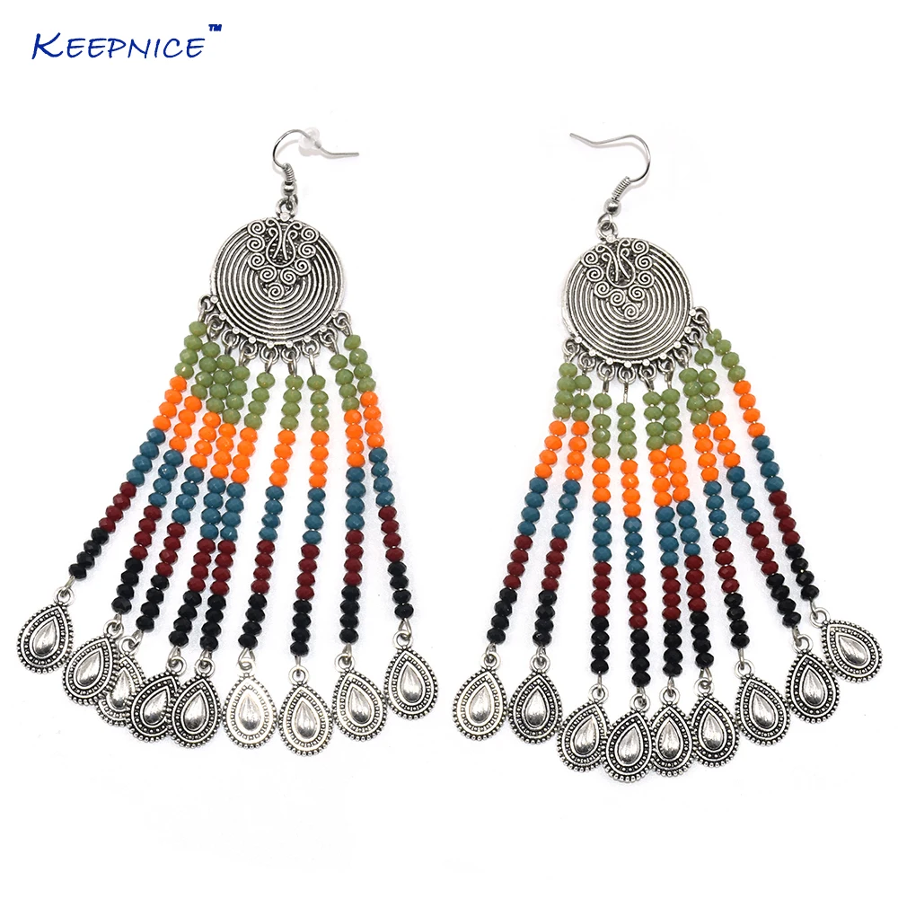 Handmade Ethnic Gypsy Party Jewelry Crystal Chandelier Earrings Crystal Beads Tassel Dangle Science Earrings