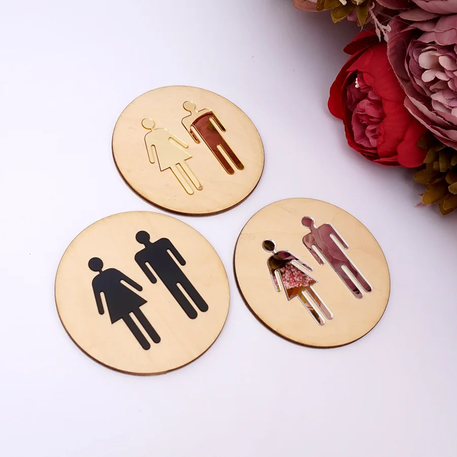 4mm Wooden Round Toilet Door Sign Bathroom WC Acrylic 3d Black Gold Silver Mirror Surface Wall Sticker Home Decor Favor