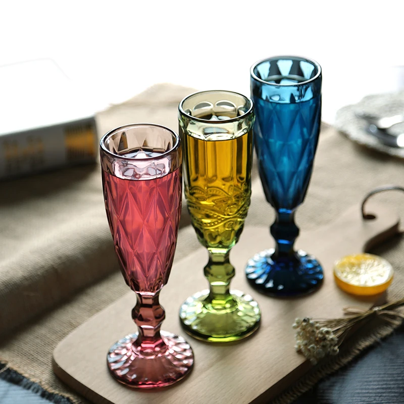 3 pcs/set Multicolour relief red wine glass cup Engraved Prism assorted color footed goblets Cocktail Glass Whiskey Cups