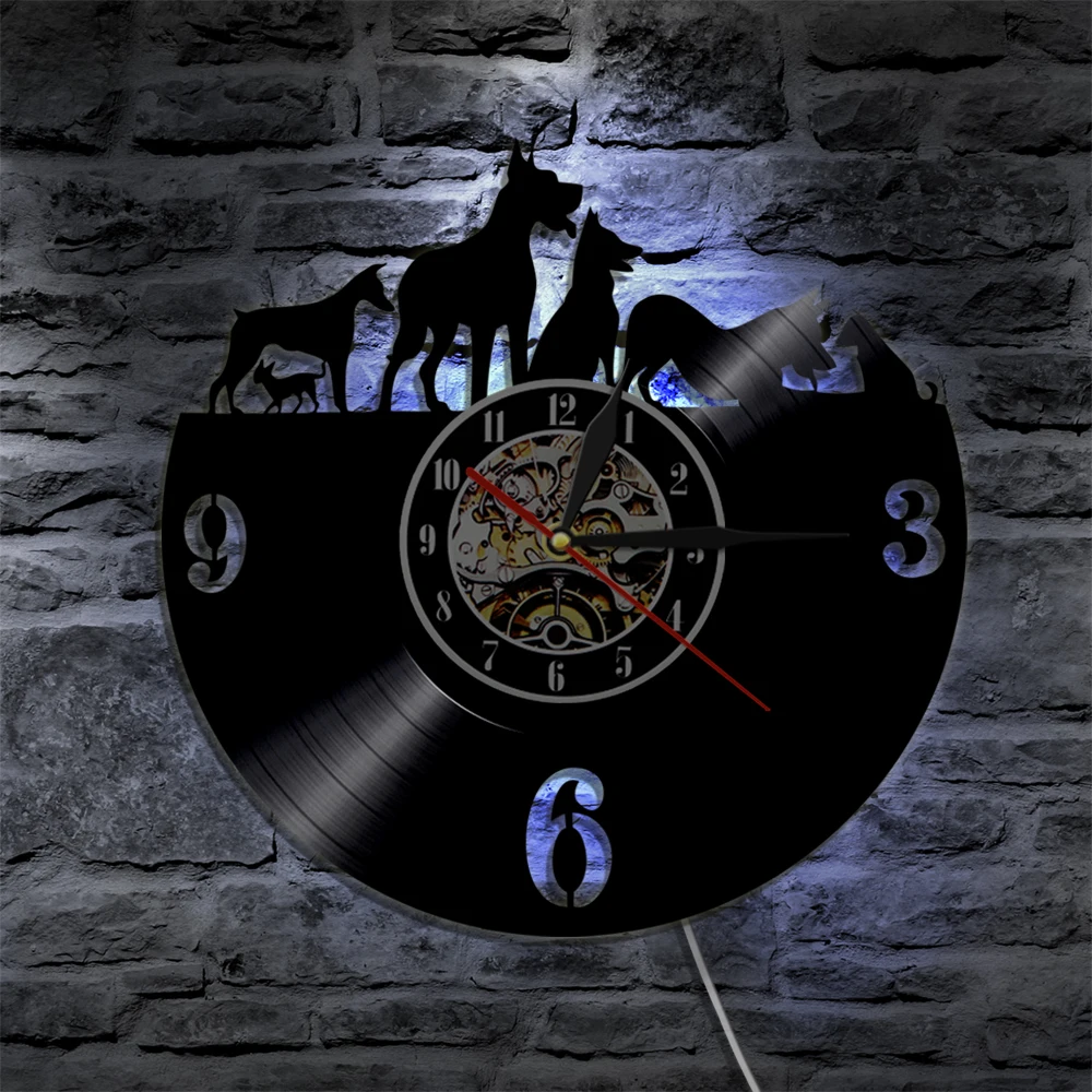 

Dog Animals Handmade LED Vinyl Wall Clock Remote Control LED Vintage Art Cool Interior Backlight Modern Decorative Gift