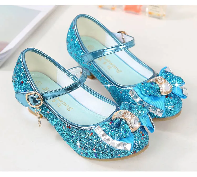 ULKNN Princess Kids Leather Shoes For Girls Flower Casual Glitter Children High Heel Girls Shoes Butterfly Knot Blue Pink Silver