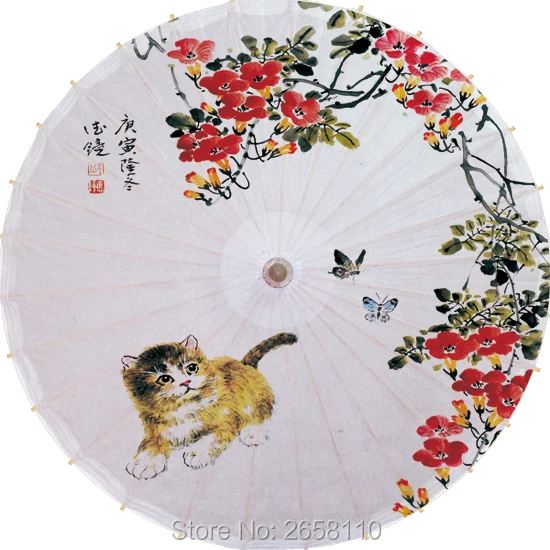 

Chinese Vintage Handmade Morning glory Paper Umbrella Naughty Cat under Morning Glory Flower Parasol Dance Props Umbrella