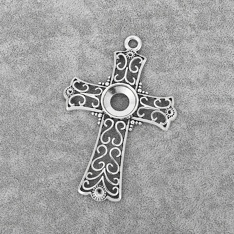 4PCS Hollow Open Filigree Cross Charms Pendants Blank 1.5mm/3mm/16mm Round Cameo Cabochon Settings