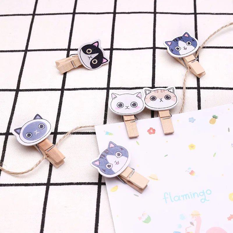 Lote de 10 Mini Clips de madera de colores, suministros de oficina, Clip de notas artesanal de dibujos animados, decoración de fotos de papel DIY con cuerda de cáñamo de 1M de regalo