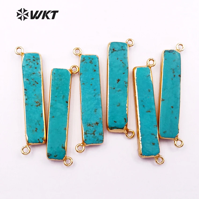 

WT-P408 Natural green howllite long rectangle pendants with double loops 9*40mm straight bar pendant with gold trim