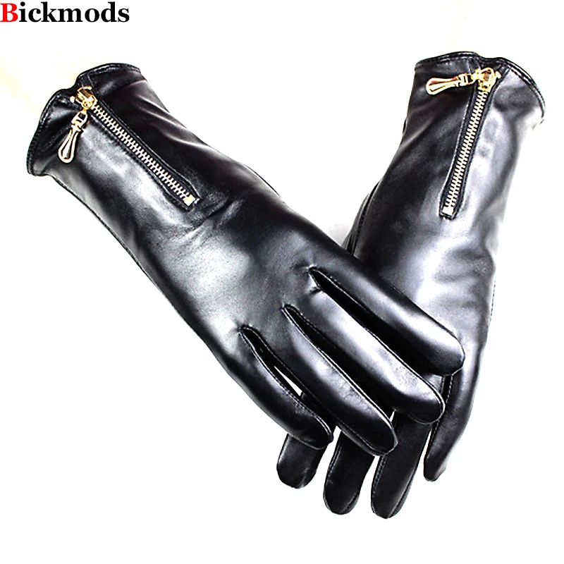 Winter Warm Sheepskin Women\'s Colorful Genuine Leather Touch Screen Fashion Zipper Velvet Lining Cold resistant Finger Gloves